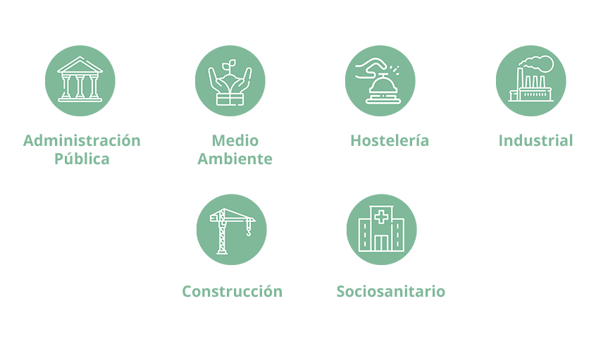 iconos blancos en círculo verde claro de los diferentes sectores para los que trabaja integracyl:Administración Pública, Medio Ambiente, Hostelería, Industrial, Construcción y sociosanitario